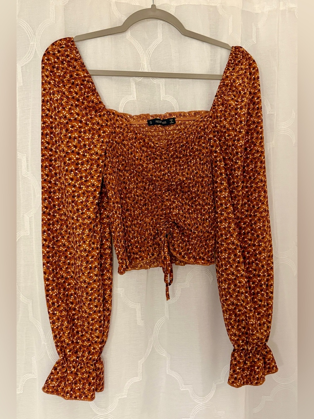 Hesperus Small Rust Floral Ruched Puff Sleeve Crop Top - Picture 3 of 9